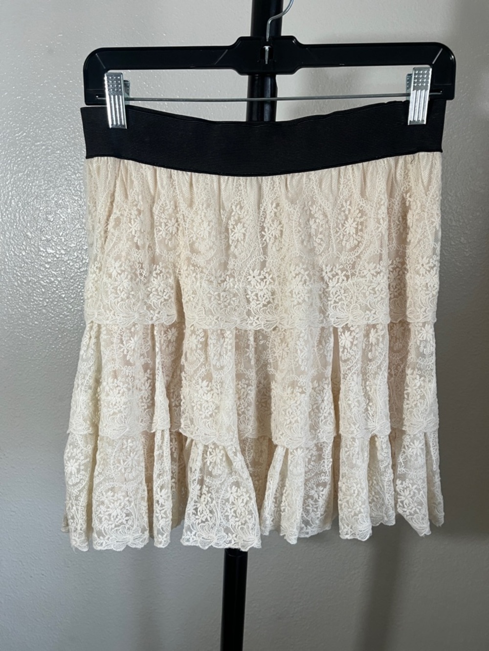 hazel Cream Lace Tiered Mini Skirt with Black Waistband